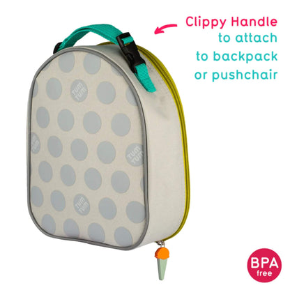 The back of an insulated lunch bag showing grey fabric with pale spot pattern, a clip handle at the top, and a zip running around the edge.