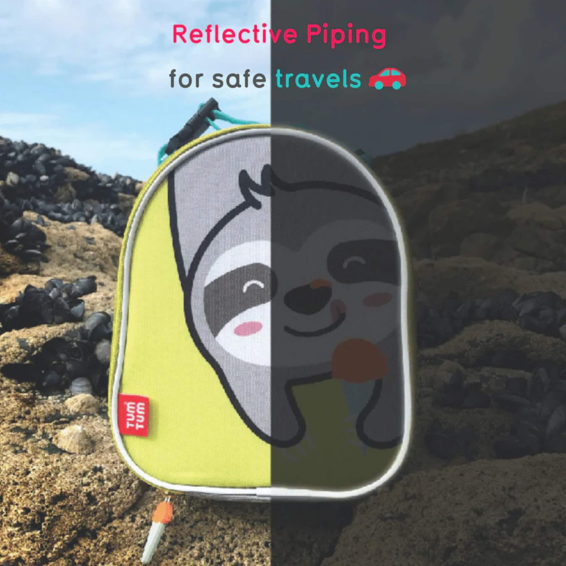 A split image demonstrating reflective piping around the edge of a lunch bag, shown in daylight on one side and darker conditions on the other.