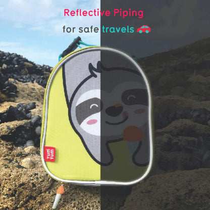 A split image demonstrating reflective piping around the edge of a lunch bag, shown in daylight on one side and darker conditions on the other.