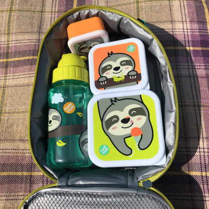 An open insulated lunch bag viewed from above, containing a matching drinks bottle and three snack boxes arranged inside the lined interior.