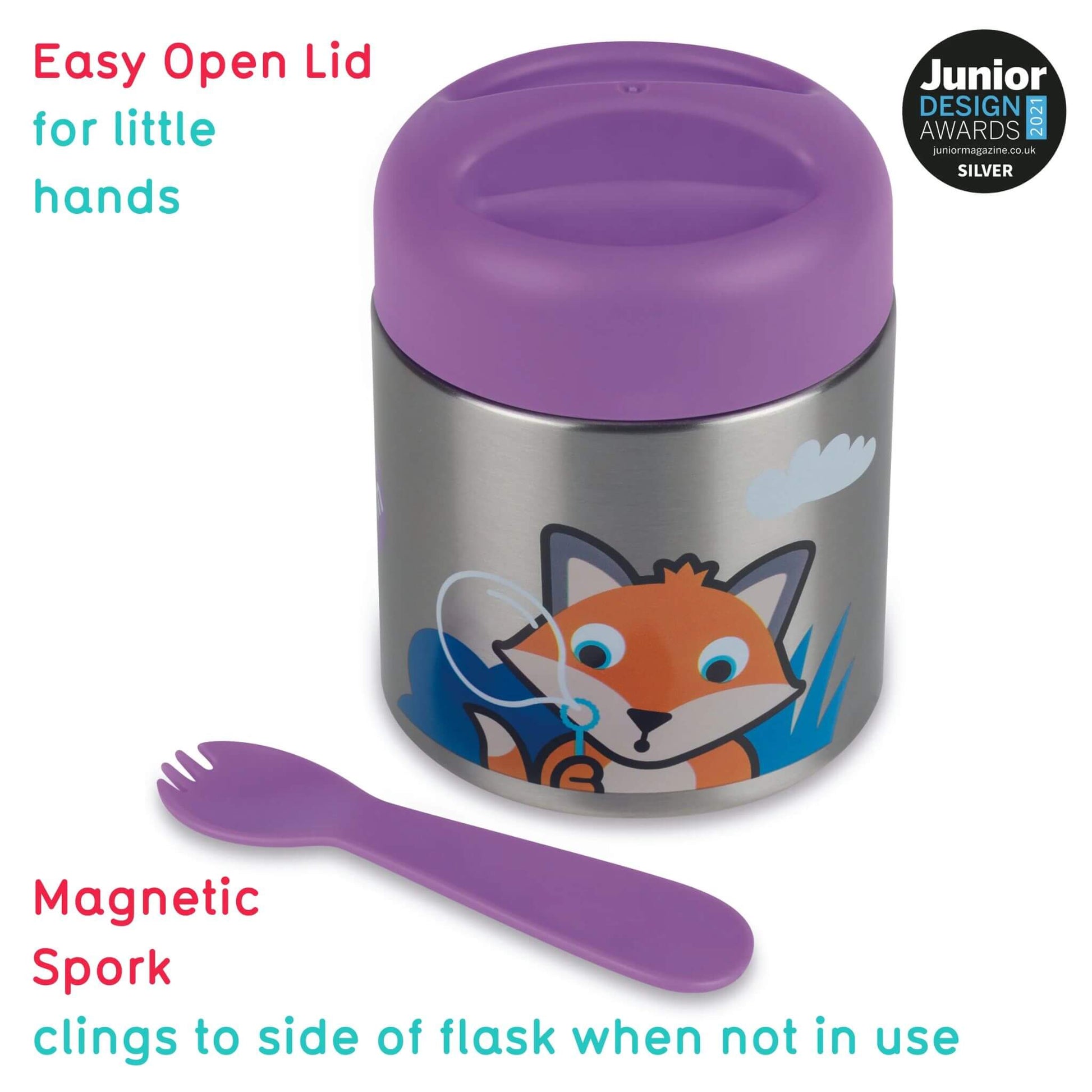 A kids insulated food flask with Felicity Fox chraacter design. Designed for easy use by little hands