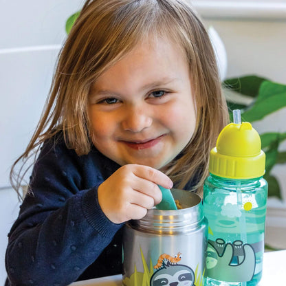 Smiling child enjoying a meal using an insulated food flask and water bottle featuring a cute sloth design, perfect for kids' lunches.