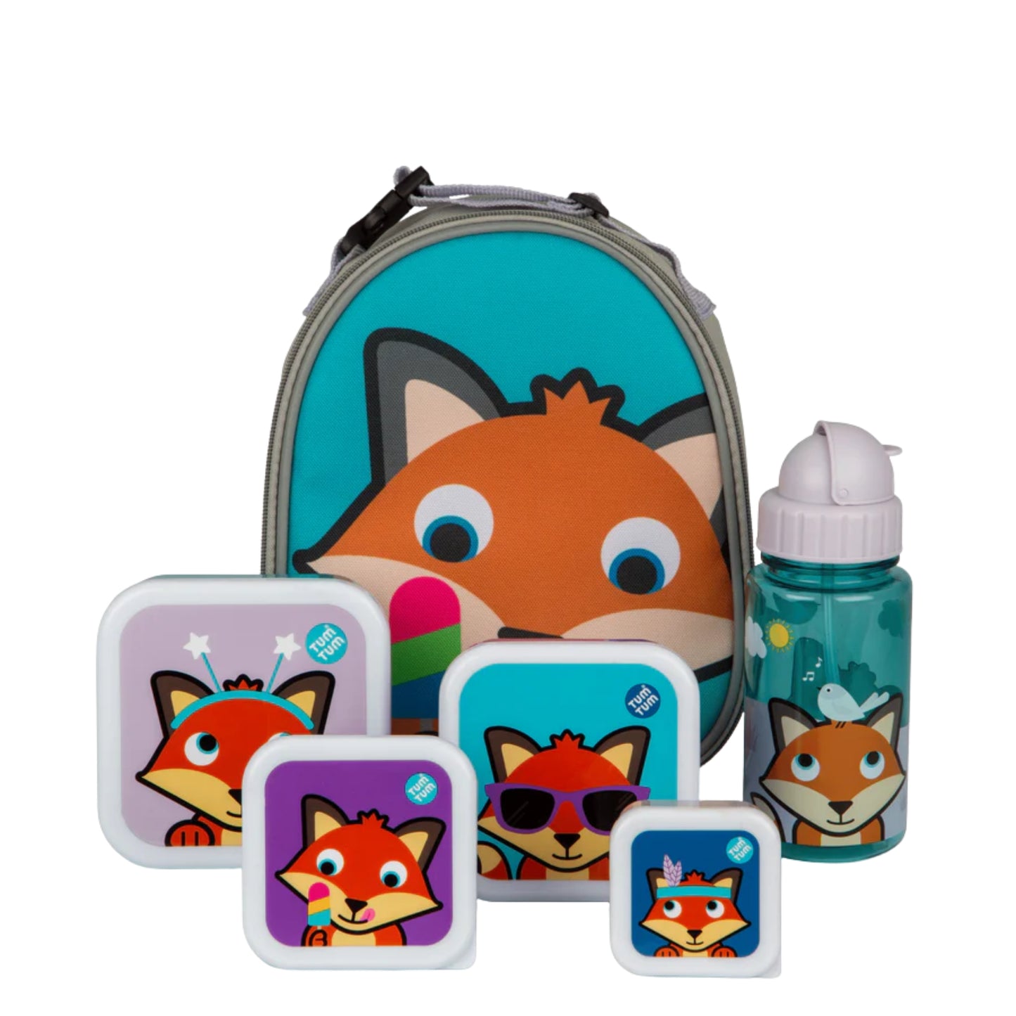 TUM TUM Kids Lunch Bag Bundle Felicity Fox with insulated lunch bag, four nesting snack boxes and matching water bottle.
