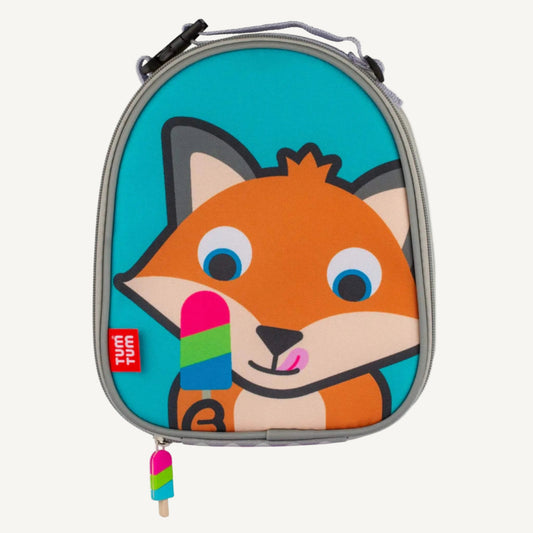 A turquoise insulated children’s lunch bag with a Felicity Fox character design and zip fastening.