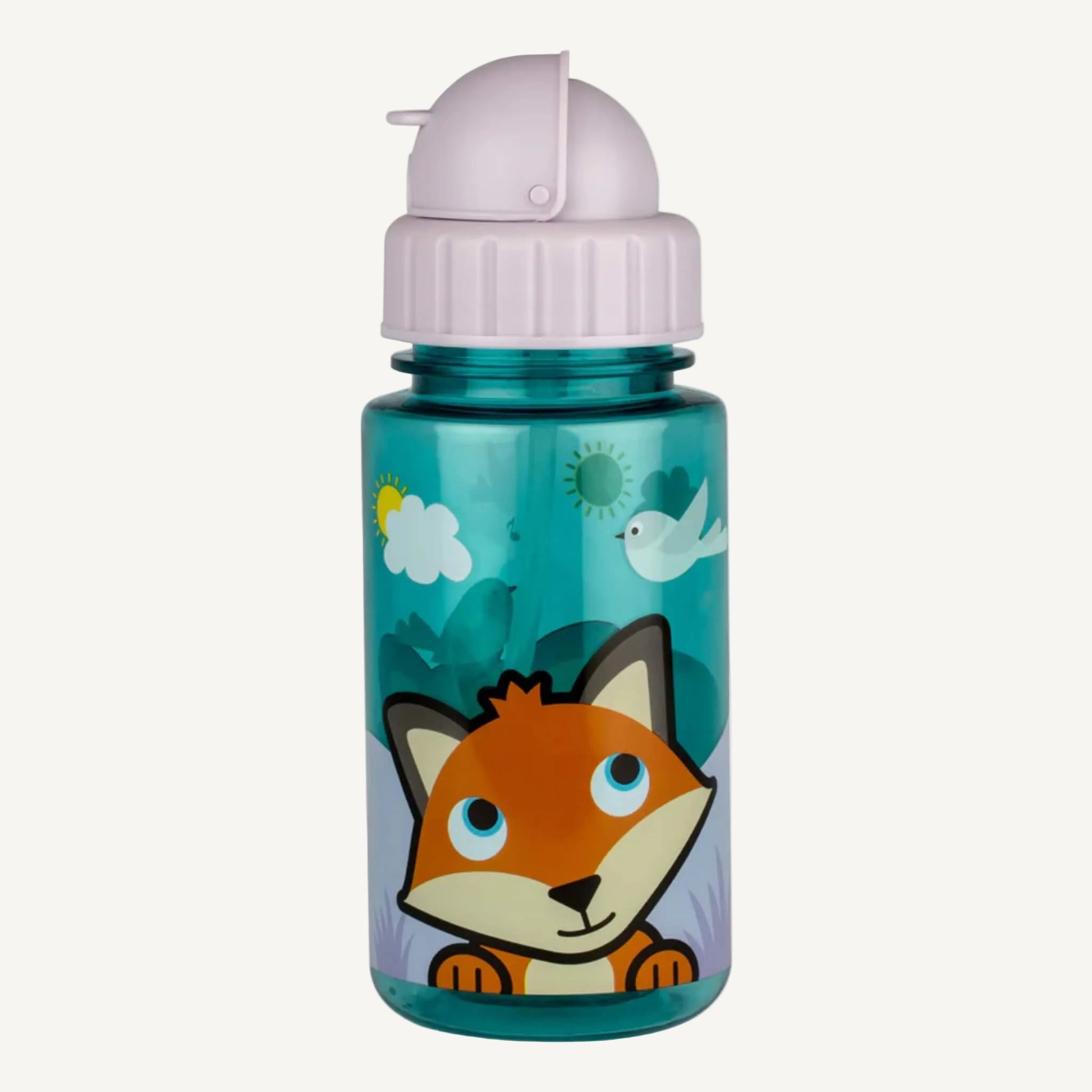 A translucent teal children’s water bottle with flip lid and Felicity Fox illustration.