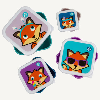 Four square nesting snack boxes with Felicity Fox illustrations in mixed colours and white lids.