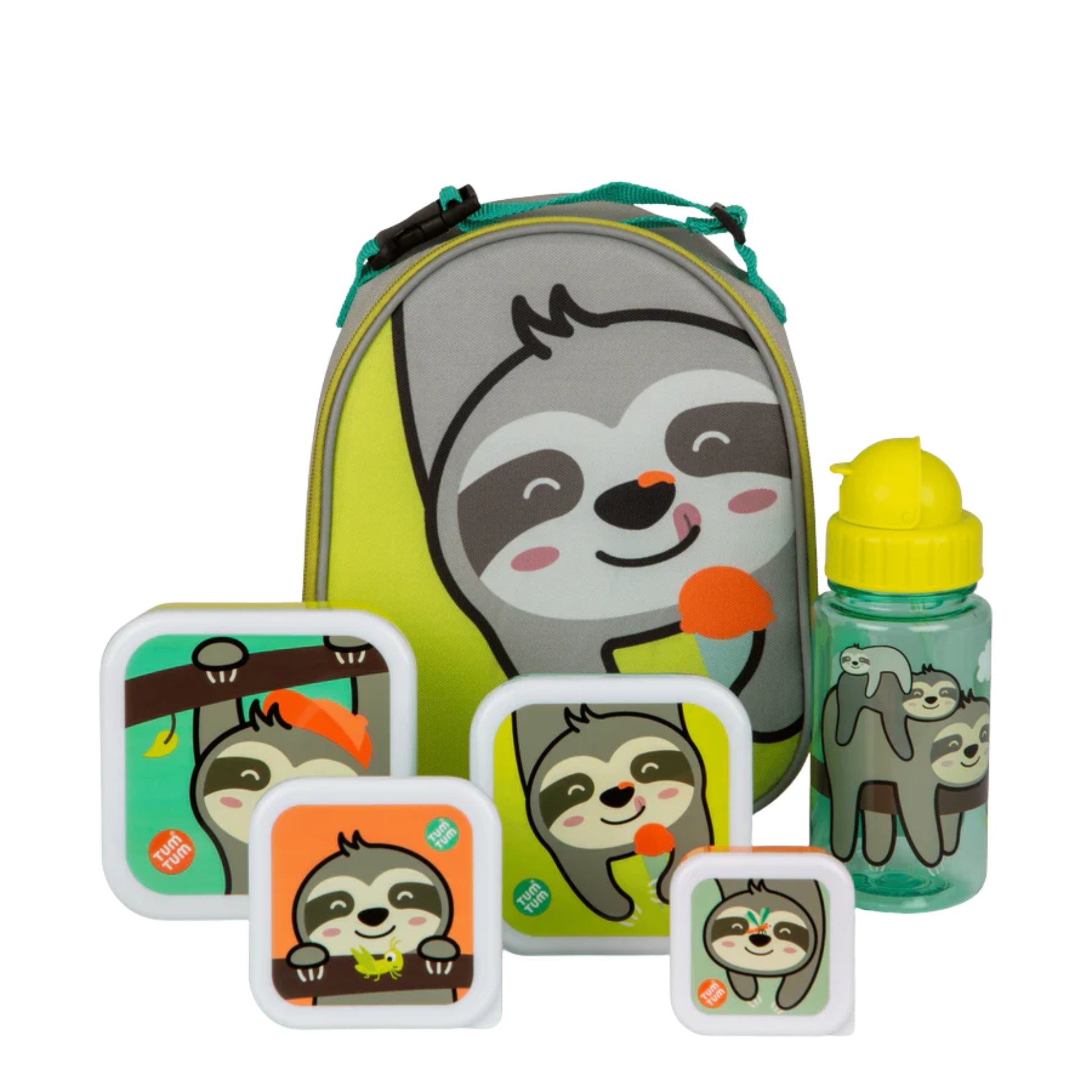 TUM TUM Kids Lunch Bag Bundle (Stanley Sloth) including an insulated lunch bag, snack pots and water bottle arranged together to show the full lunchtime set.