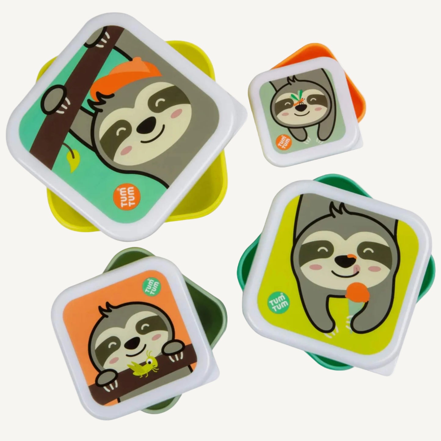 A selection of square snack pots with sloth illustrations, shown open and closed to display different sizes and coloured lids.