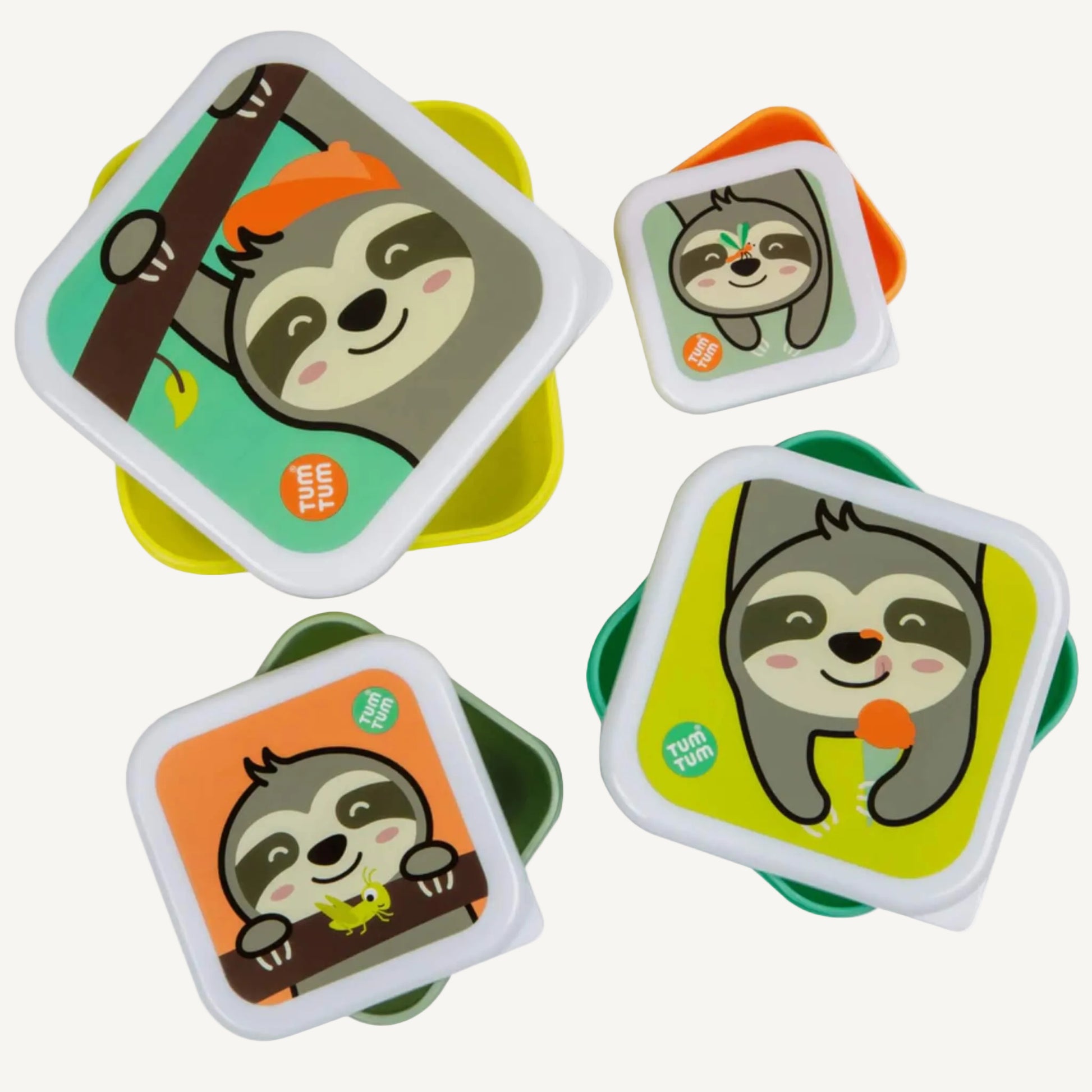 A selection of square snack pots with sloth illustrations, shown open and closed to display different sizes and coloured lids.