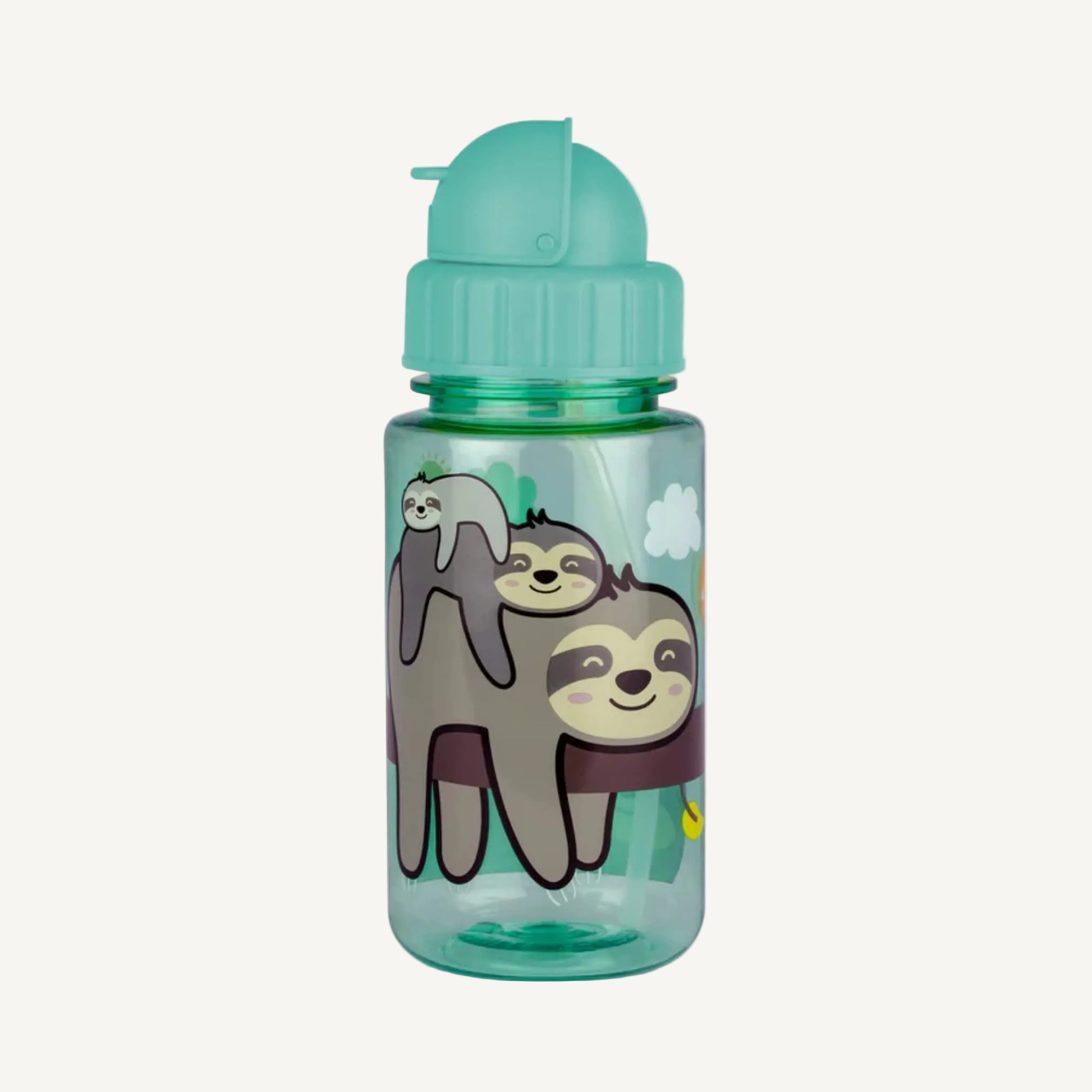 A children’s water bottle with a flip-top lid and playful sloth illustrations, designed for easy drinking on the go.