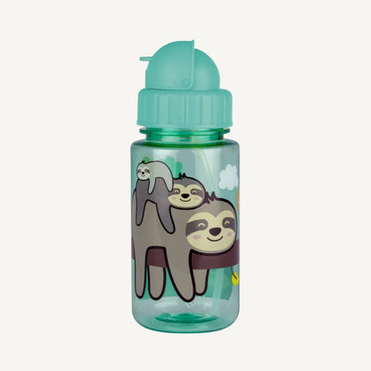 A children’s water bottle with a flip-top lid and playful sloth illustrations, designed for easy drinking on the go.