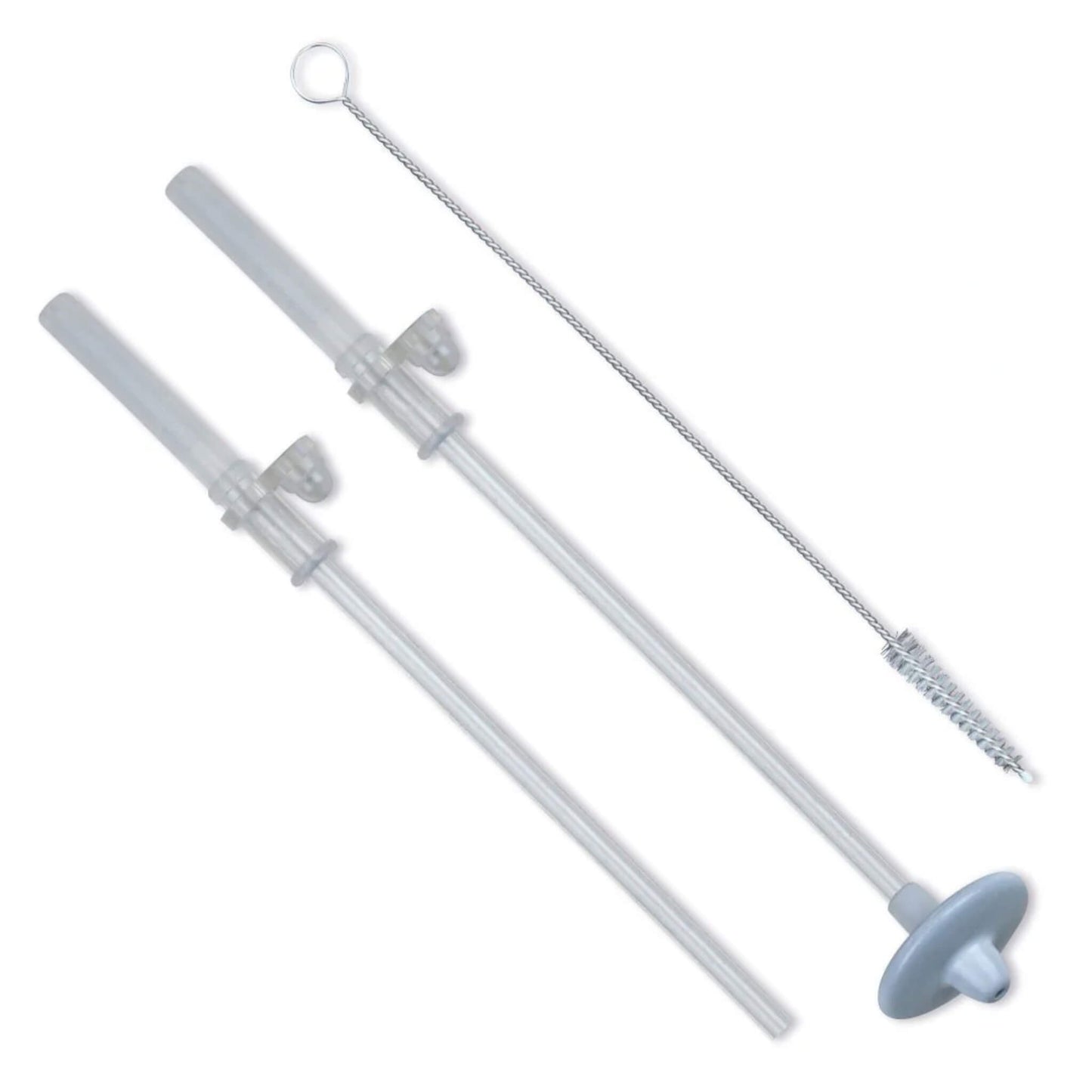 TUM TUM Straws and Brush Set showing two spare weighted drinking straws alongside a slim straw cleaning brush on a plain background.