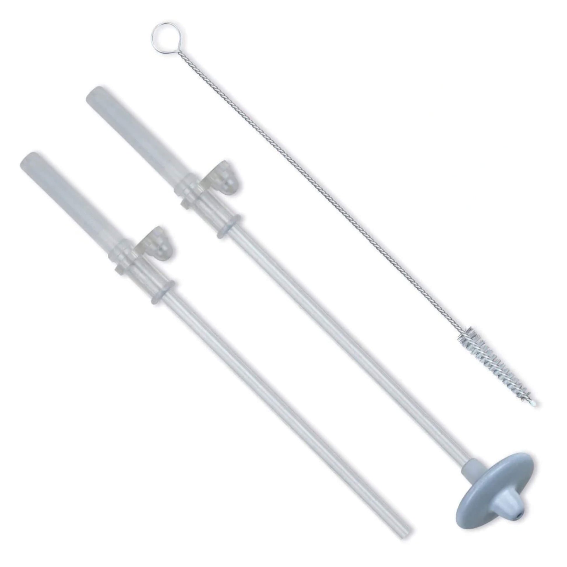 TUM TUM Straws and Brush Set showing two spare weighted drinking straws alongside a slim straw cleaning brush on a plain background.