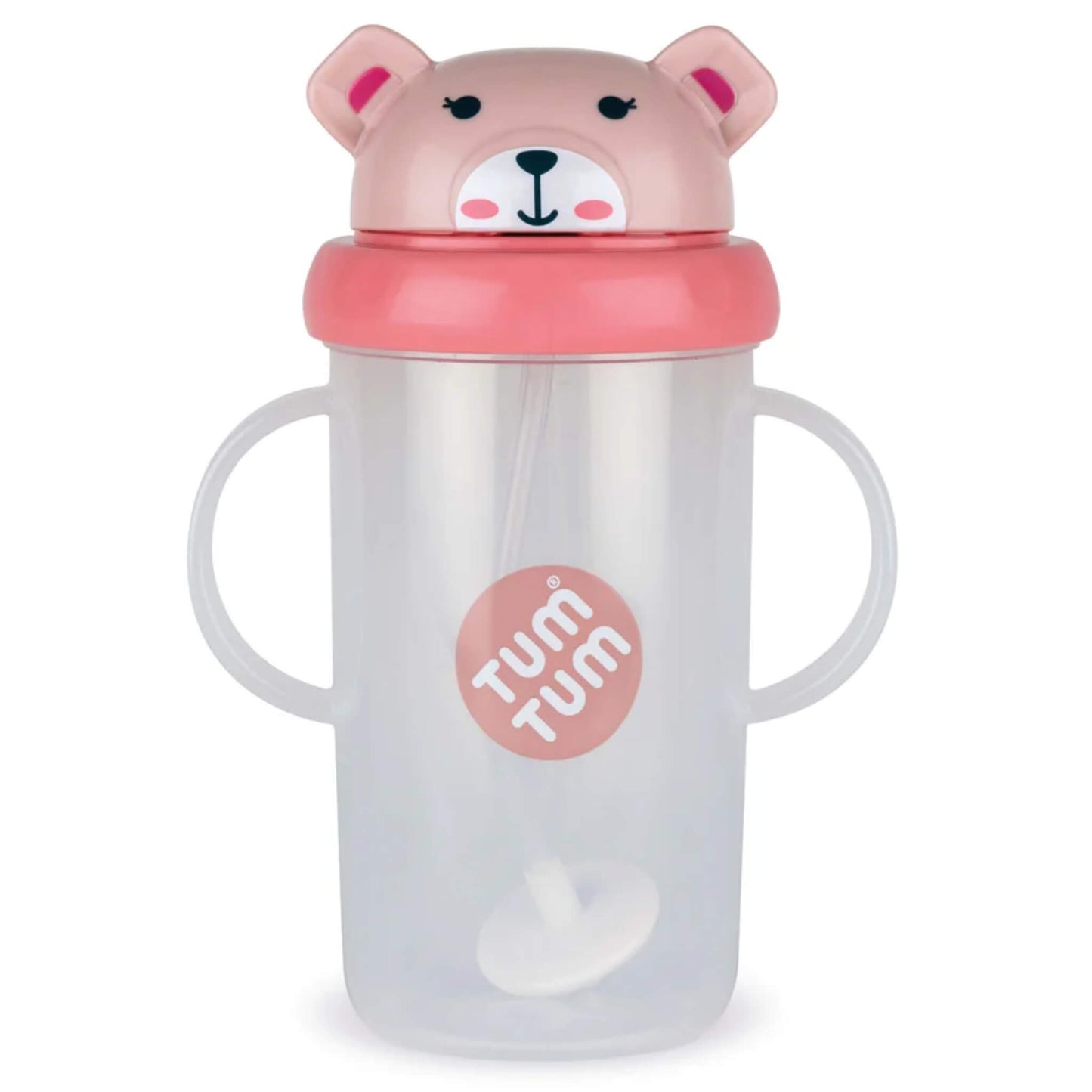TUM TUM Tippy Up Cup Betsy Bear design with clear cup body, twin side handles, flip-top lid and internal weighted straw visible inside.