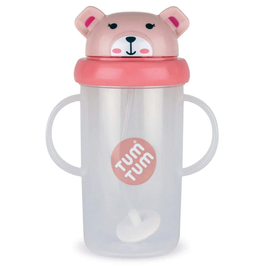 TUM TUM Tippy Up Cup Betsy Bear design with clear cup body, twin side handles, flip-top lid and internal weighted straw visible inside.