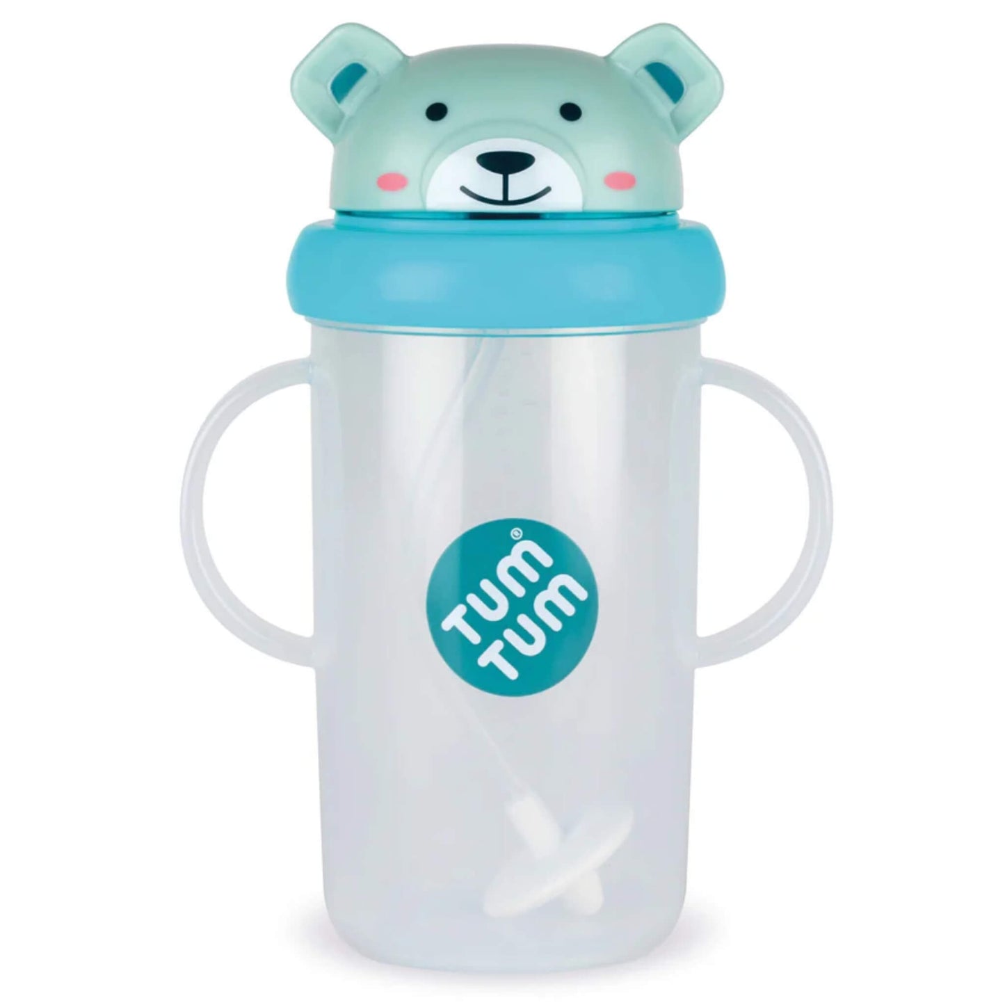 Large TUM TUM Tippy Up Cup in Boris Bear design with clear cup body, twin side handles, flip-top lid shaped like a bear’s face, and an internal weighted straw visible inside.