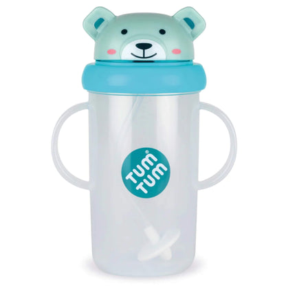 Large TUM TUM Tippy Up Cup in Boris Bear design with clear cup body, twin side handles, flip-top lid shaped like a bear’s face, and an internal weighted straw visible inside.