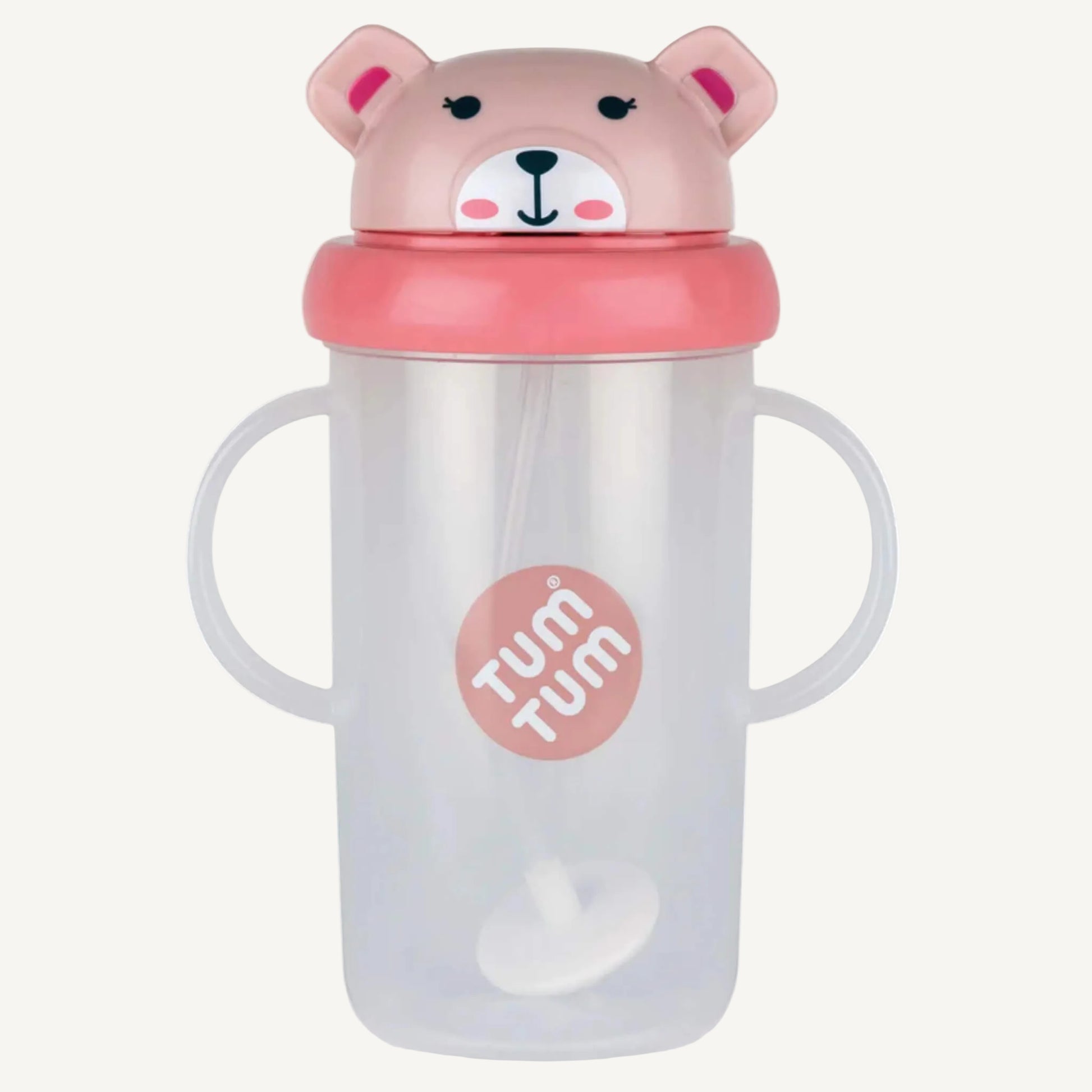 A clear handled large sippy cup with a pink flip-top lid, bear character design, and an internal weighted straw visible inside the cup.