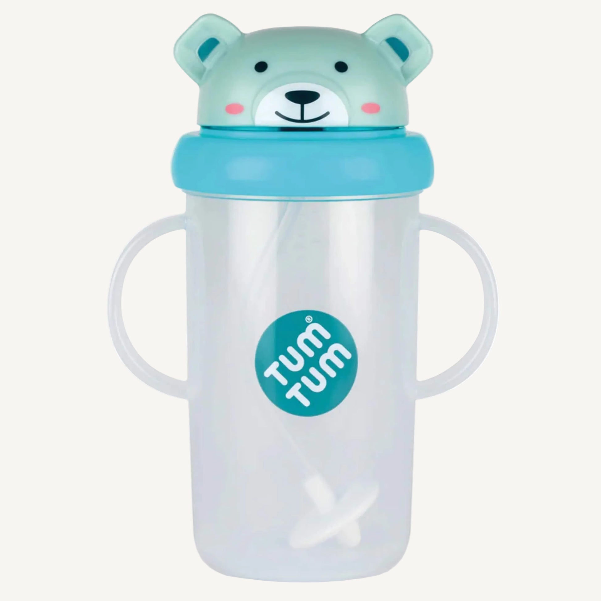 A clear handled large sippy cup with a blue flip-top lid, bear character design, and an internal weighted straw visible inside the cup.