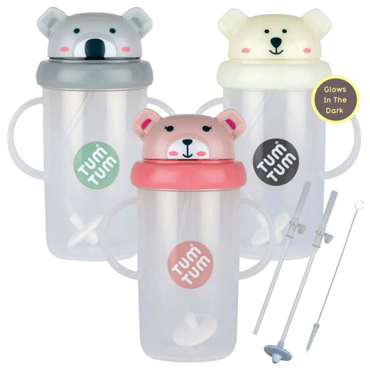 TUM TUM large Tippy Up Cup bundle showing three handled sippy cups with animal character lids, including a glow-in-the-dark cup, plus a replacement weighted straw and cleaning brush set.