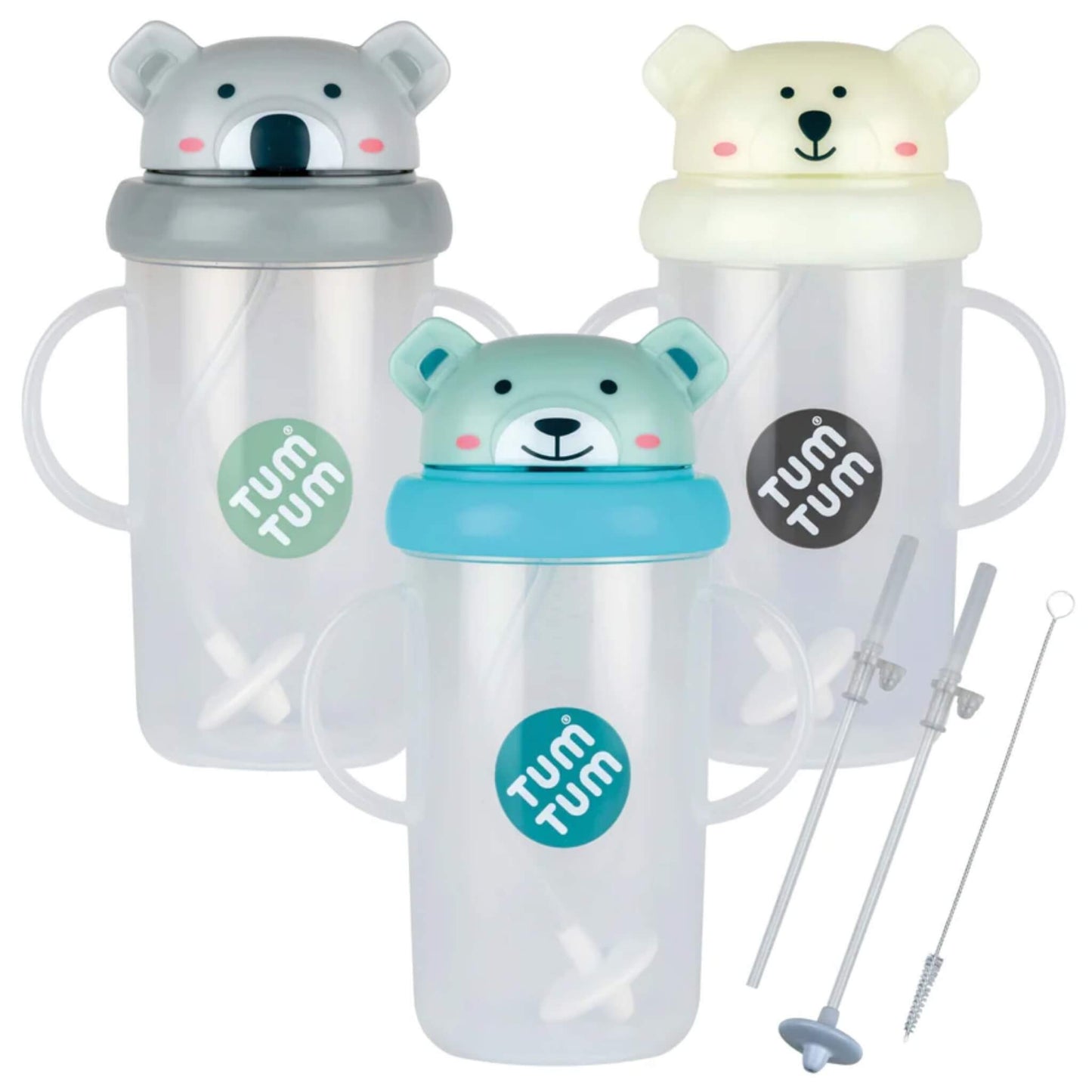 TUM TUM large Tippy Up Cup bundle showing three handled sippy cups with animal character lids and a replacement weighted straw and cleaning brush set.
