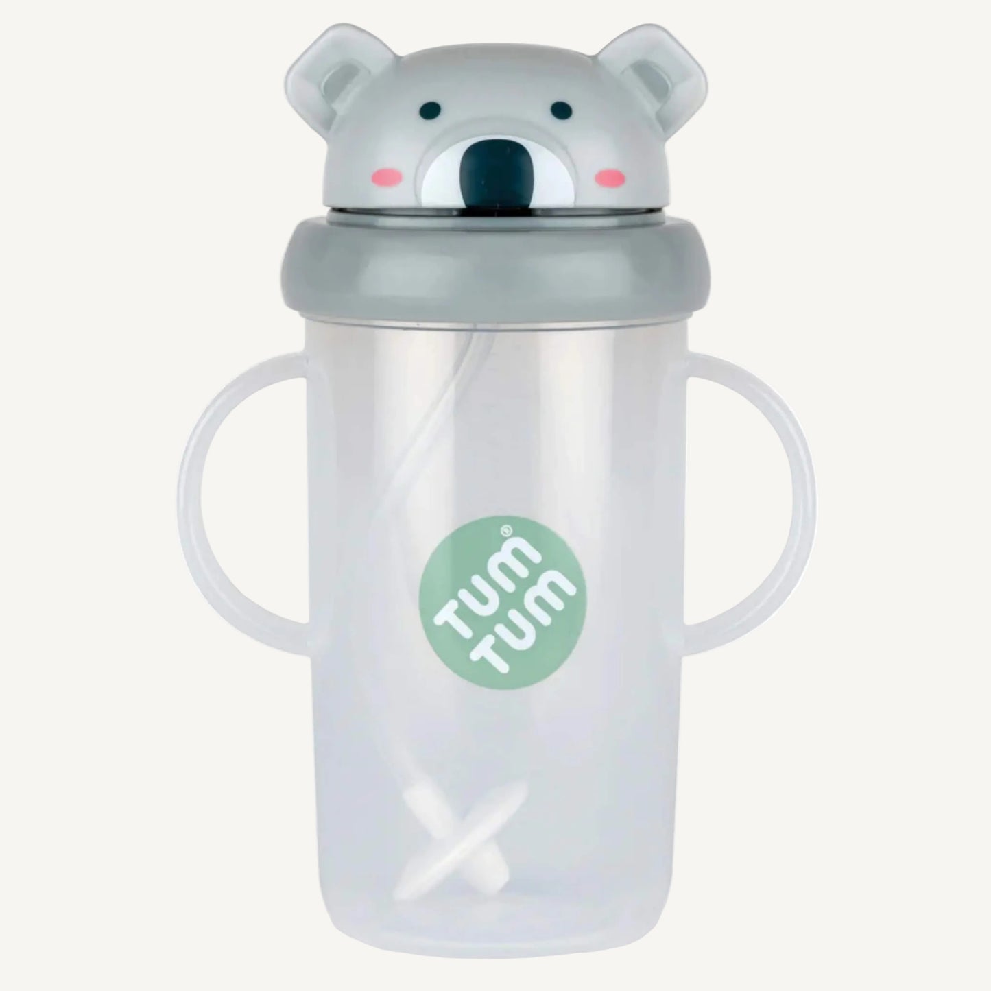 A clear handled large sippy cup with a grey flip-top lid, koala character design, and an internal weighted straw visible inside the cup.