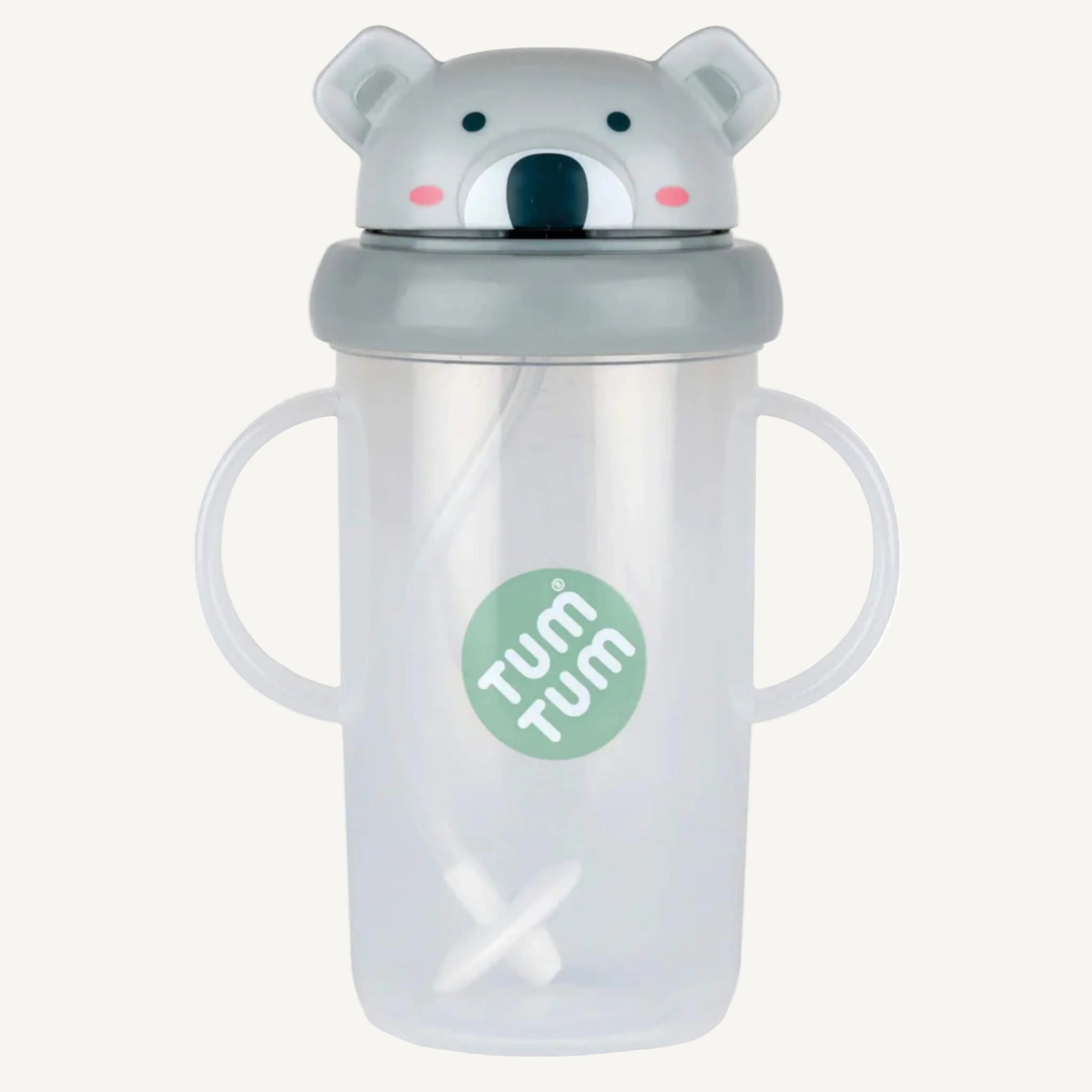 A clear handled large sippy cup with a grey flip-top lid, koala character design, and an internal weighted straw visible inside the cup.