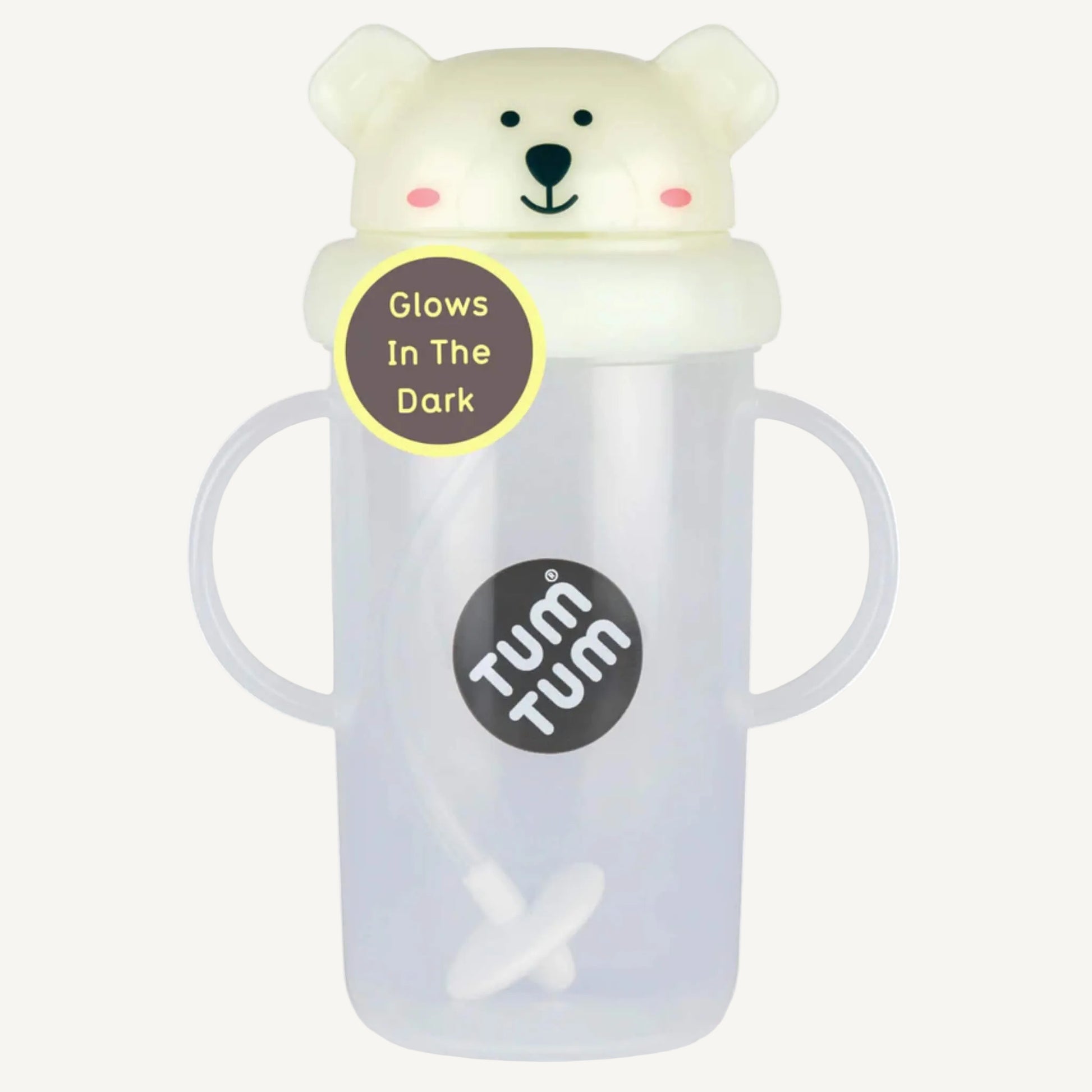 A clear handled large sippy cup with a pale glow-in-the-dark flip-top lid, bear character design, and an internal weighted straw visible inside the cup.