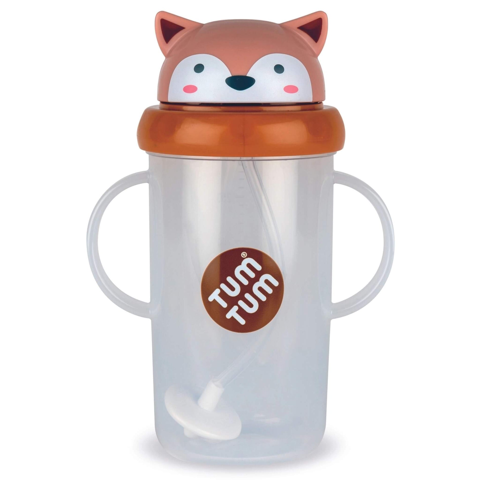 TUM TUM Large Tippy Up Cup in the Fergus Fox design with two handles and a weighted straw.