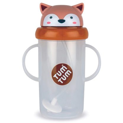TUM TUM Large Tippy Up Cup in the Fergus Fox design with two handles and a weighted straw.