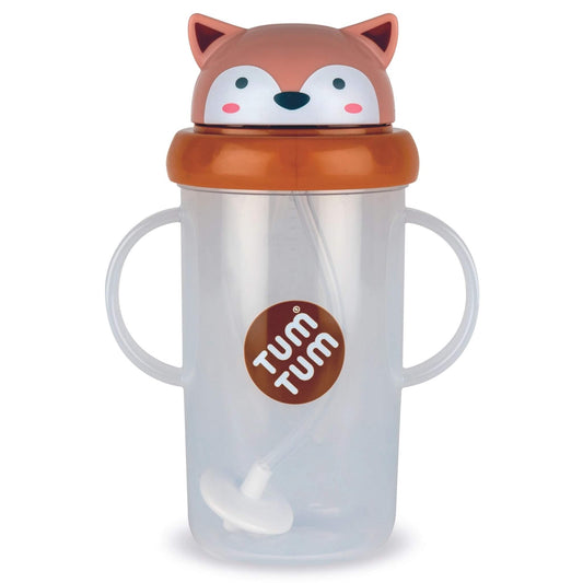 TUM TUM Large Tippy Up Cup in the Fergus Fox design with two handles and a weighted straw.