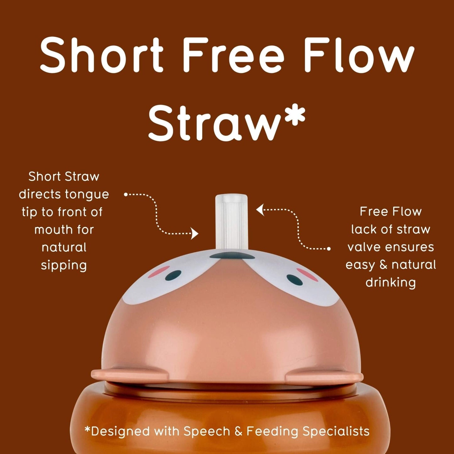 An brown fox cup lid showing the short free-flow straw designed for natural sipping.