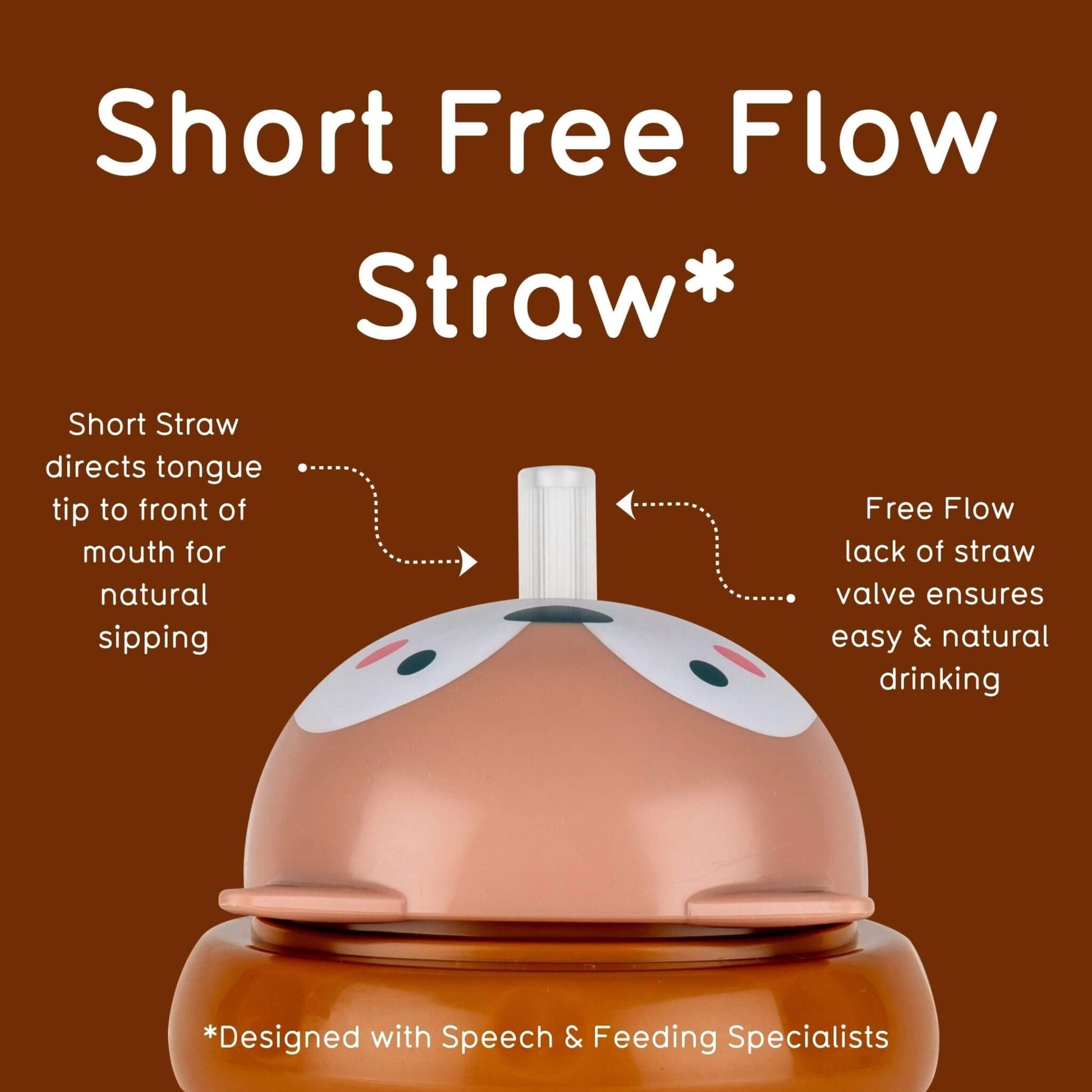 An brown fox cup lid showing the short free-flow straw designed for natural sipping.