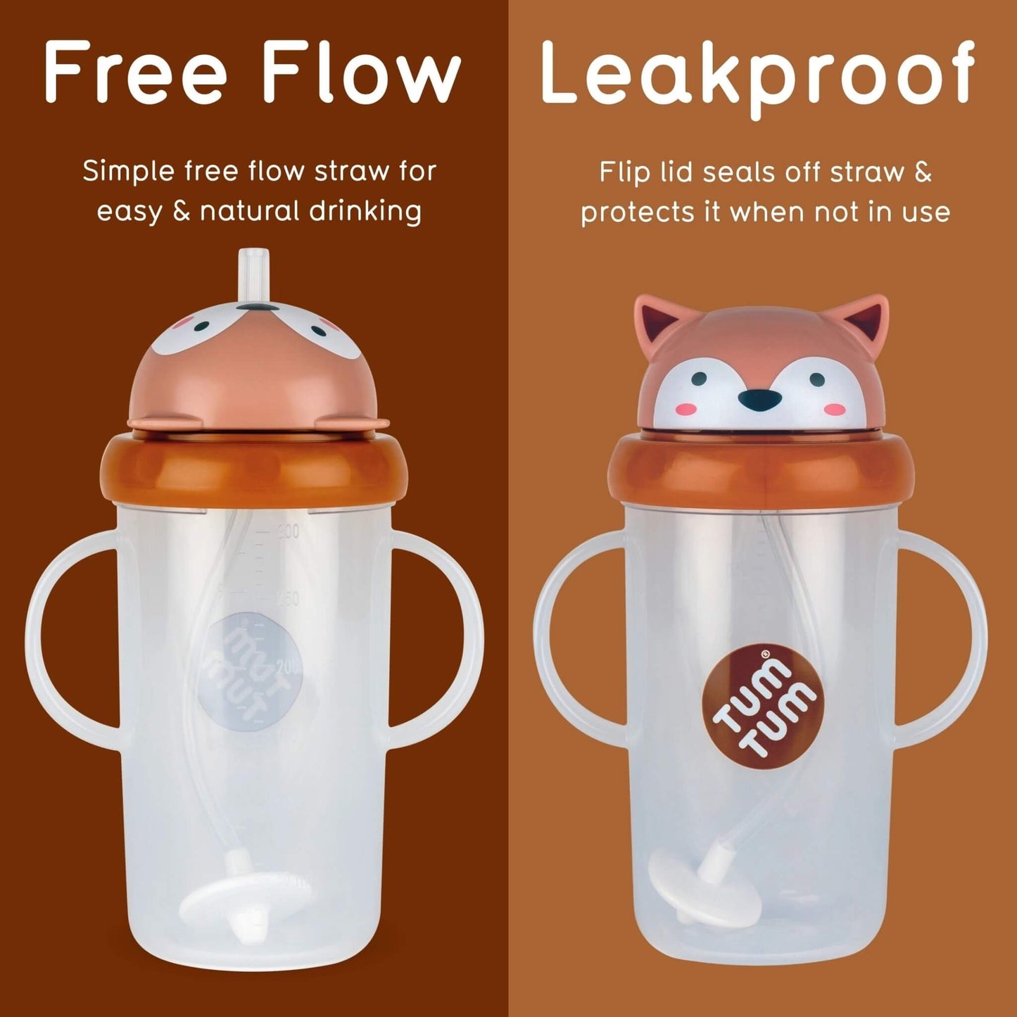 An orange brown fox cup shown open for free-flow drinking and closed to protect the straw.