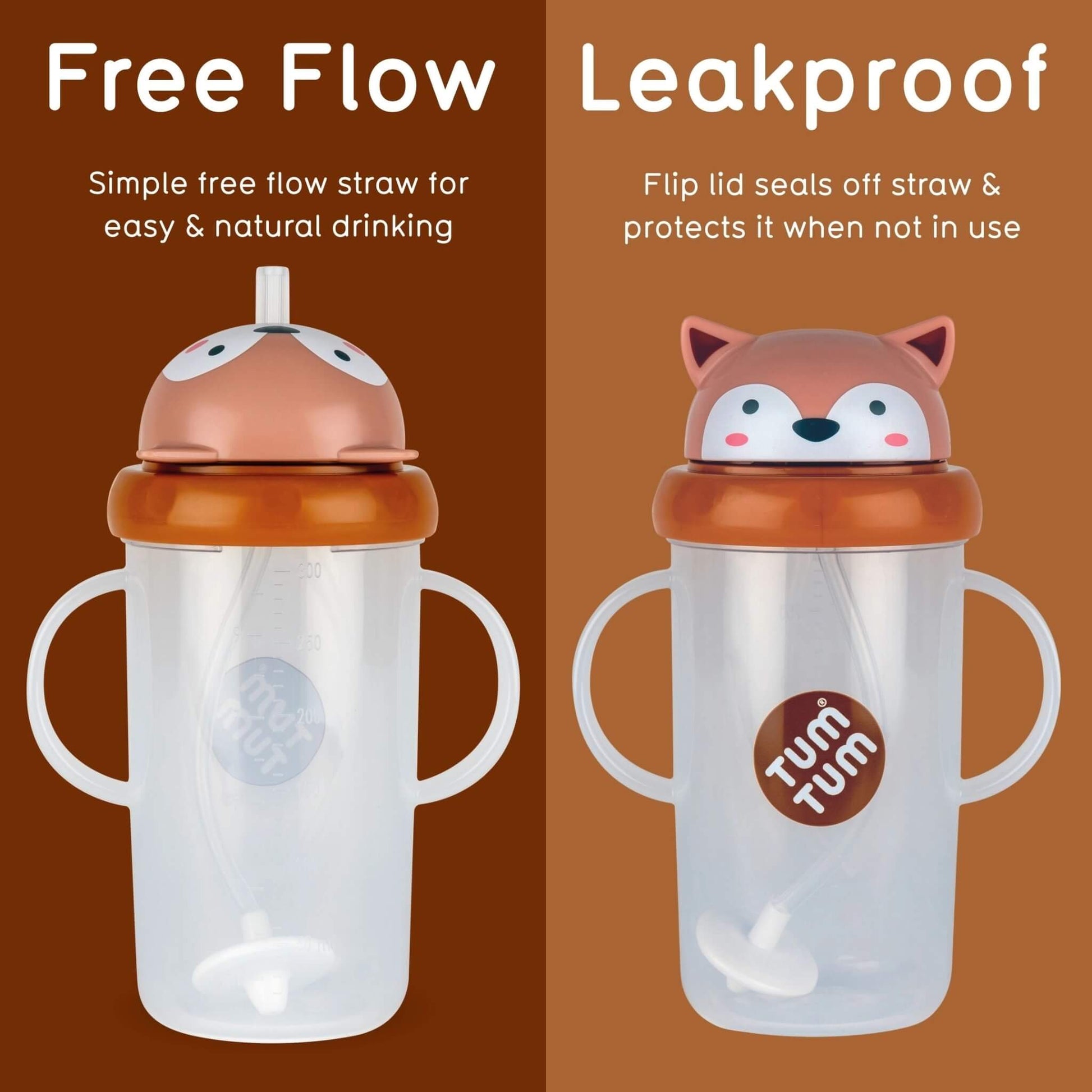 An orange brown fox cup shown open for free-flow drinking and closed to protect the straw.
