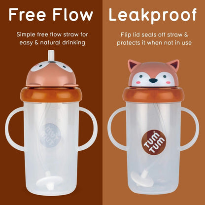 An orange brown fox cup shown open for free-flow drinking and closed to protect the straw.