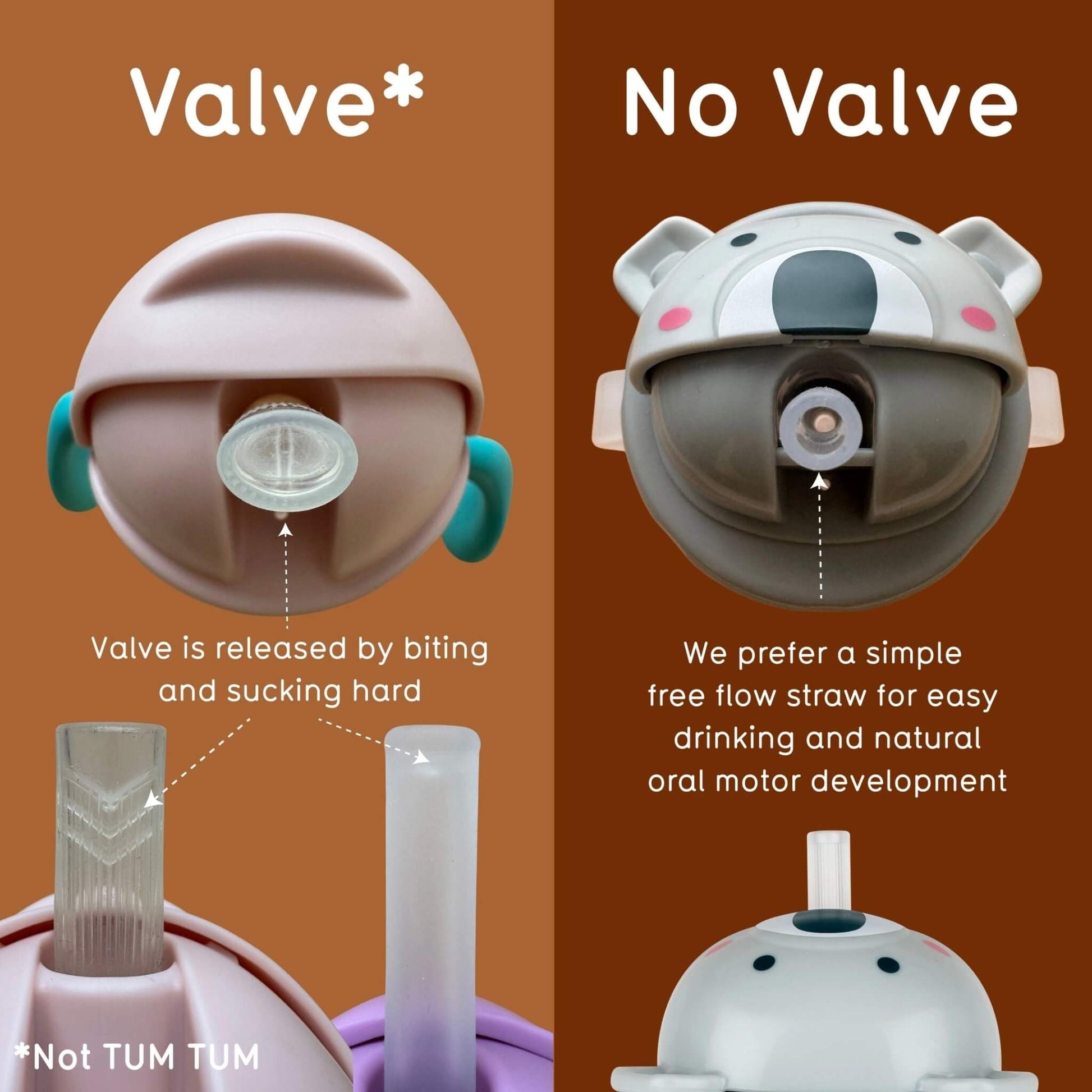A side-by-side comparison graphic for a koala-shaped water bottle lid, labeled 'Valve' and 'No Valve' on a brown background. The left side shows a pink and teal bottle lid with a clear release valve and a straw inserted.