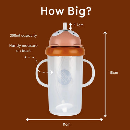 A baby sippy cup with handles and a spout shown on a brown background with measurement labels and arrows indicating 11cm width, 16cm height, 1.7cm spout tip, 300ml capacity, and a handy measure on the back.