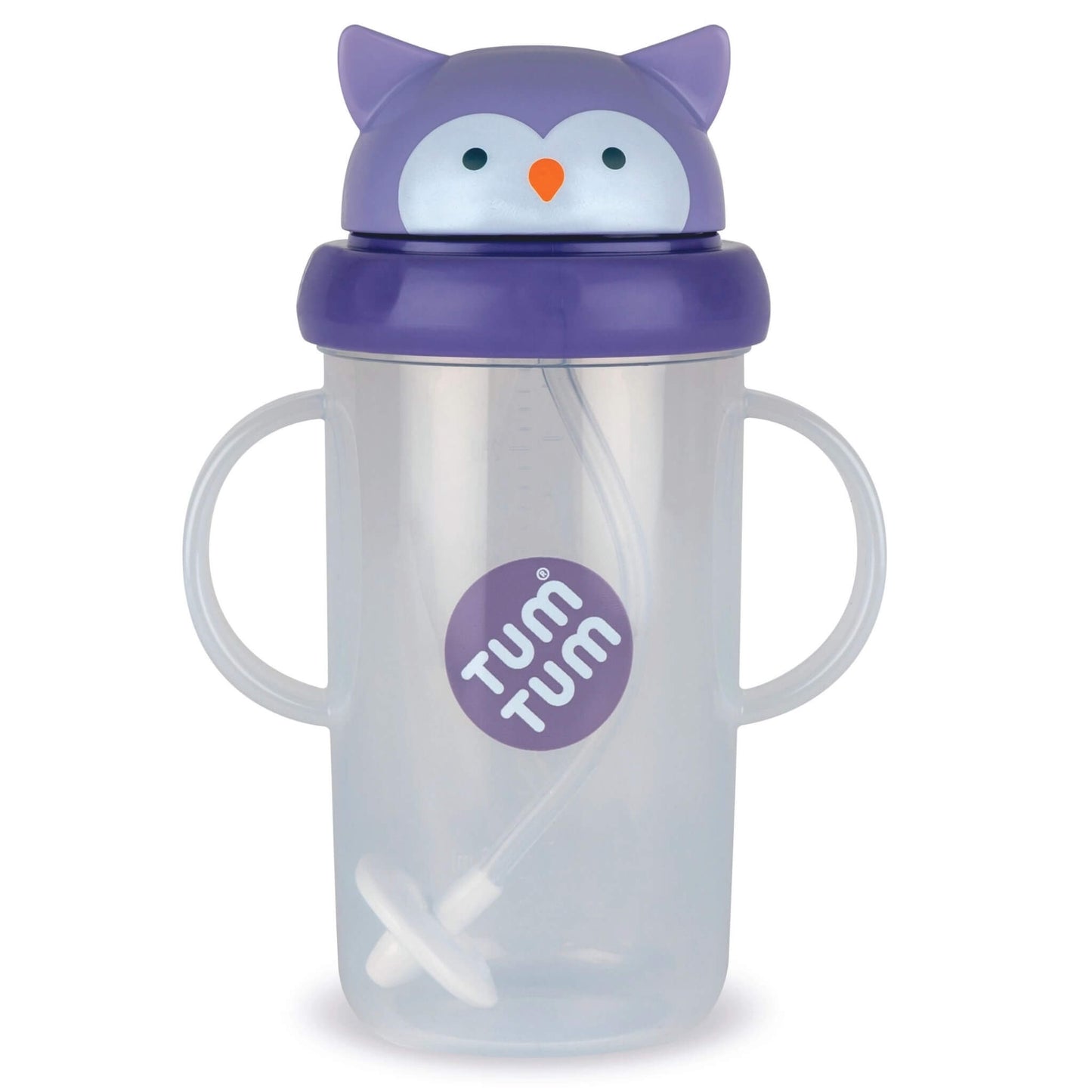Purple TUM TUM Large Tippy Up Cup in the Olivia Owl design with two handles and a weighted straw.