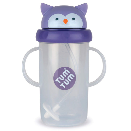 Purple TUM TUM Large Tippy Up Cup in the Olivia Owl design with two handles and a weighted straw.