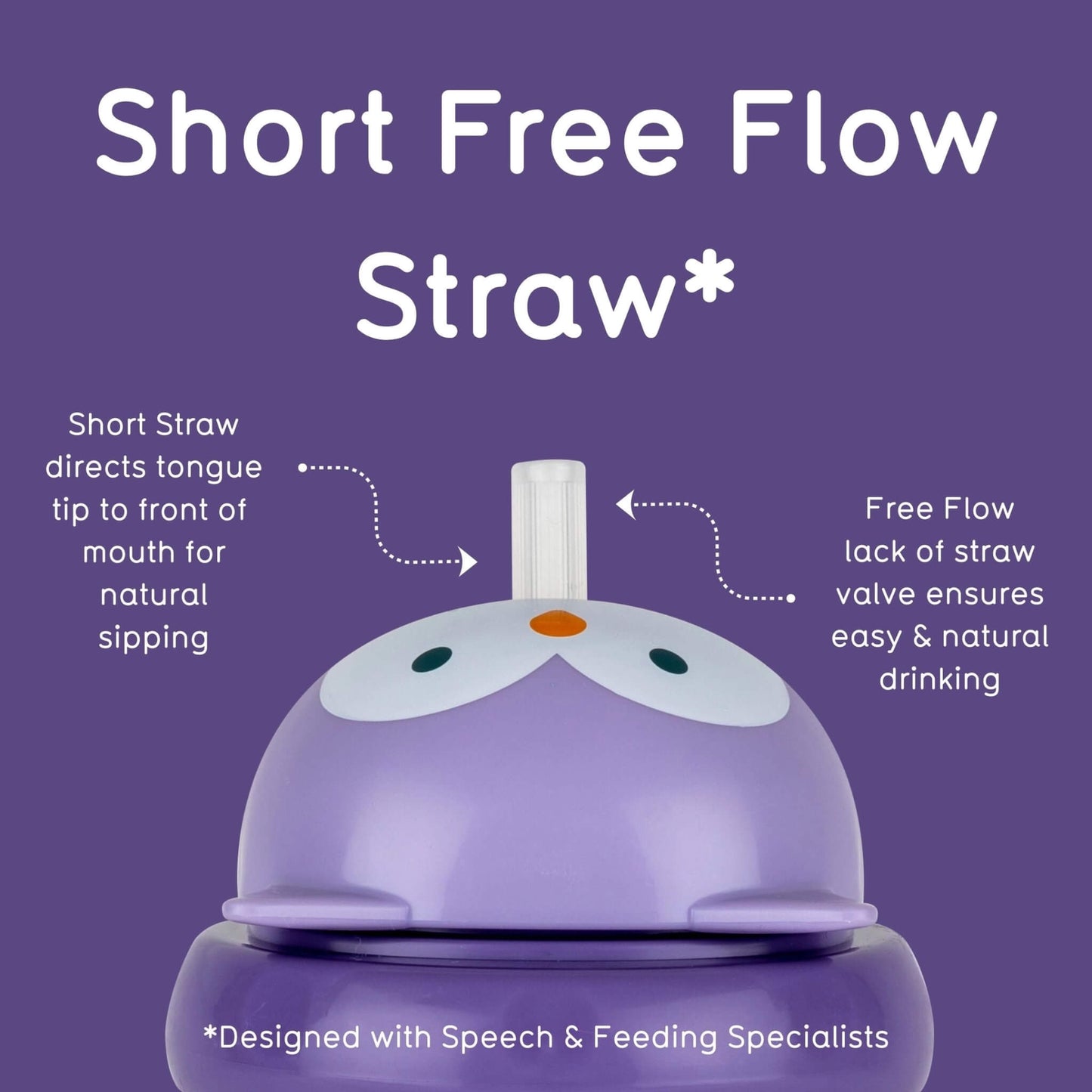A purple owl cup lid showing the short free-flow straw designed for natural sipping.