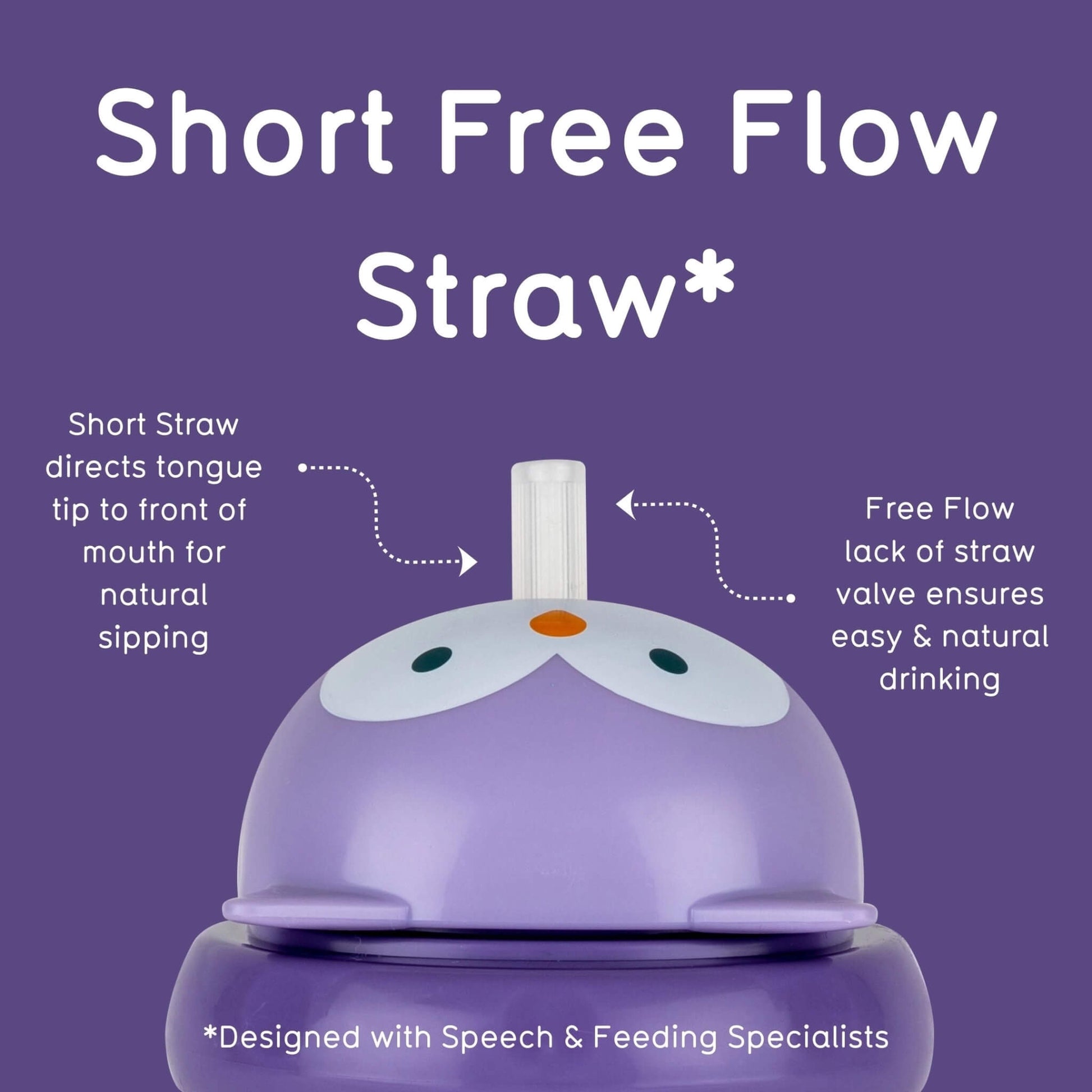 A purple owl cup lid showing the short free-flow straw designed for natural sipping.