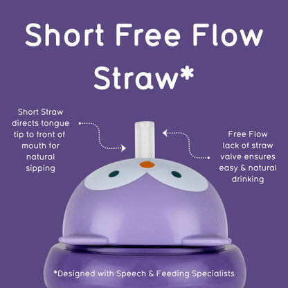 A purple owl cup lid showing the short free-flow straw designed for natural sipping.