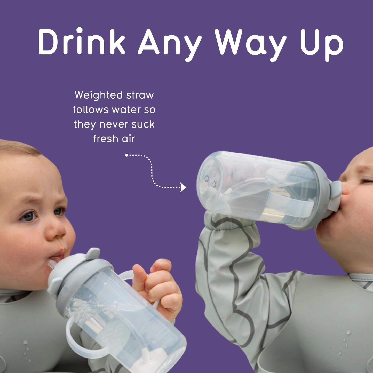 Two toddlers drinking at different angles as the weighted straw follows the water.