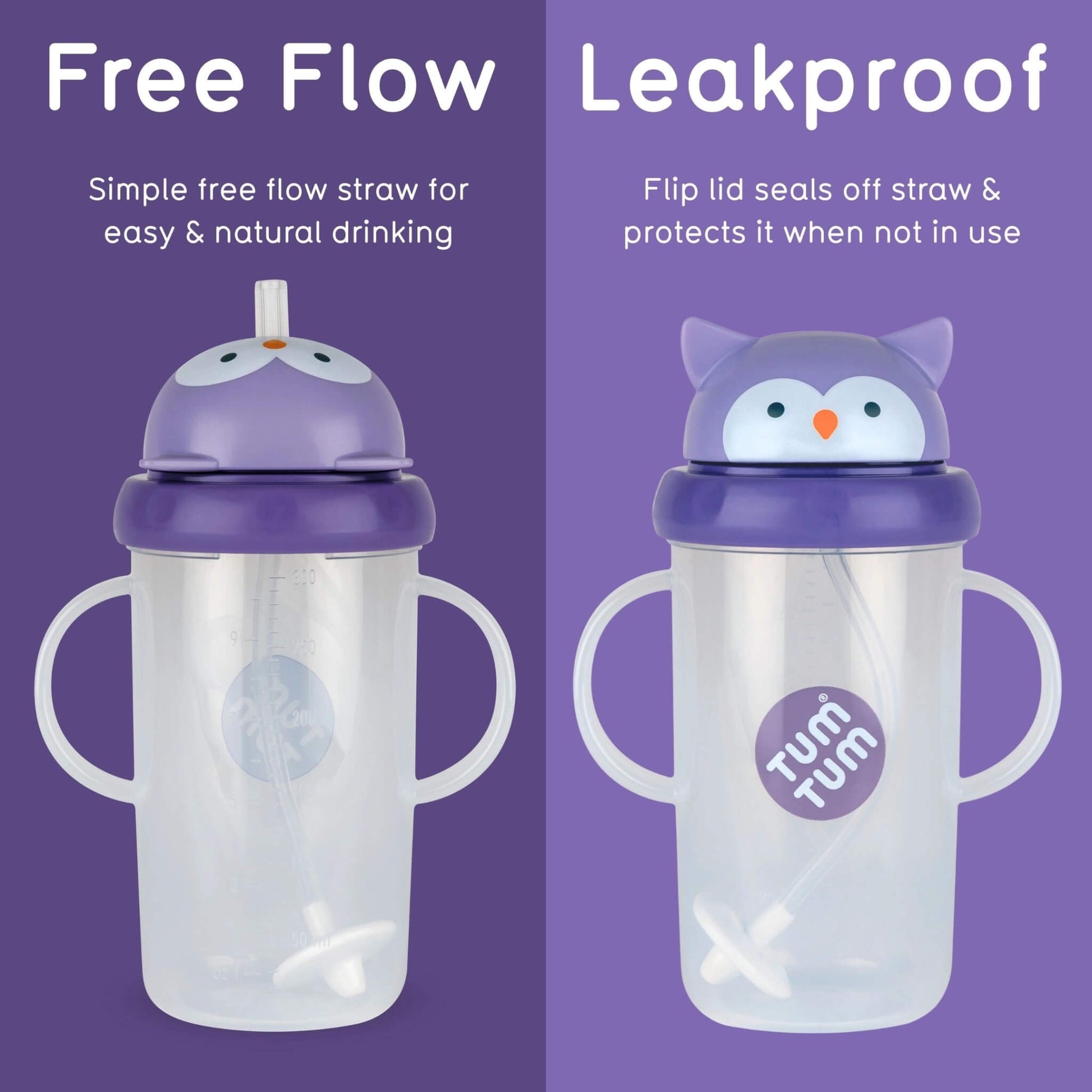 A purple owl cup shown open for free-flow drinking and closed to protect the straw.