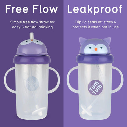 A purple owl cup shown open for free-flow drinking and closed to protect the straw.