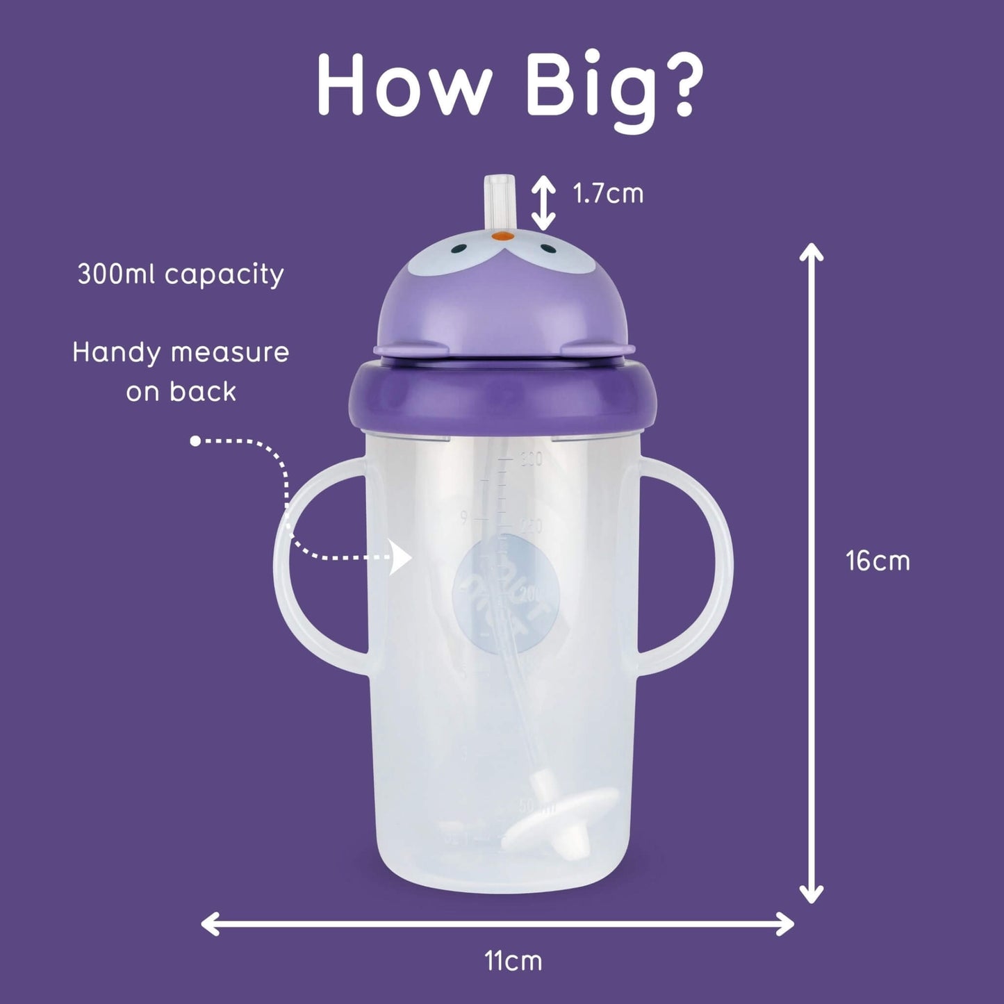 A purple owl cup showing its 300ml capacity, measurement markings and dimensions.
