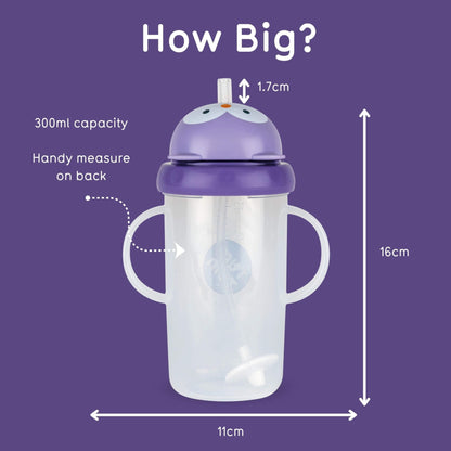 A purple owl cup showing its 300ml capacity, measurement markings and dimensions.