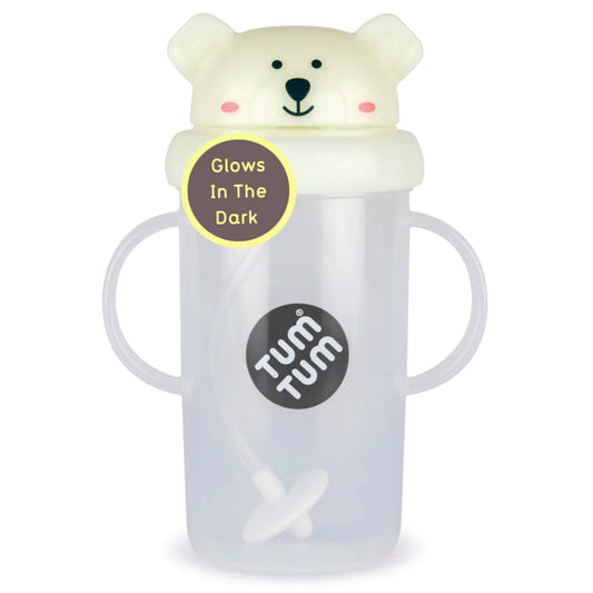 TUM TUM Large Tippy Up Cup in Pete Polar Bear design. Glow-in-the-dark sippy cup with twin handles, flip-top lid and weighted straw visible inside.