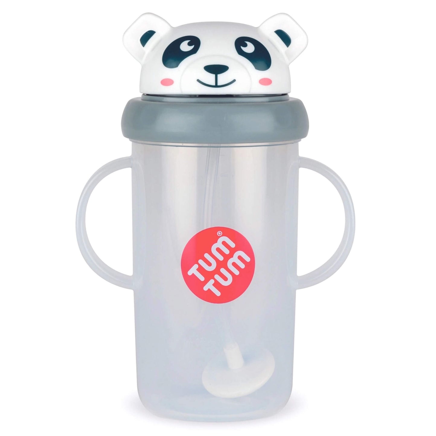 A translucent baby cup with two handles, a gray lid, and a white panda-shaped lid topper. A red circular sticker on the front reads 'TUM TUM'.